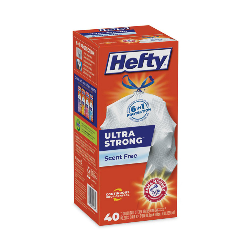 REYNOLDS FOOD PACKAGING Hefty® E88338 Extra Heavy-Duty Ultra Strong Tall Kitchen Trash Bags, Drawstring, 13 gal, 23.75" x 24.88", White, 40/Box