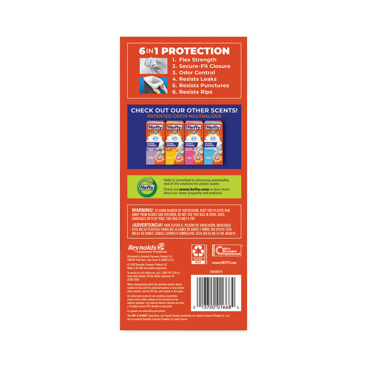 REYNOLDS FOOD PACKAGING Hefty® E88338 Extra Heavy-Duty Ultra Strong Tall Kitchen Trash Bags, Drawstring, 13 gal, 23.75" x 24.88", White, 40/Box