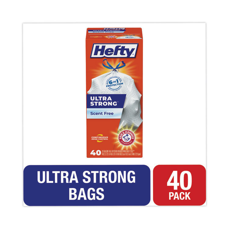 REYNOLDS FOOD PACKAGING Hefty® E88338 Extra Heavy-Duty Ultra Strong Tall Kitchen Trash Bags, Drawstring, 13 gal, 23.75" x 24.88", White, 40/Box