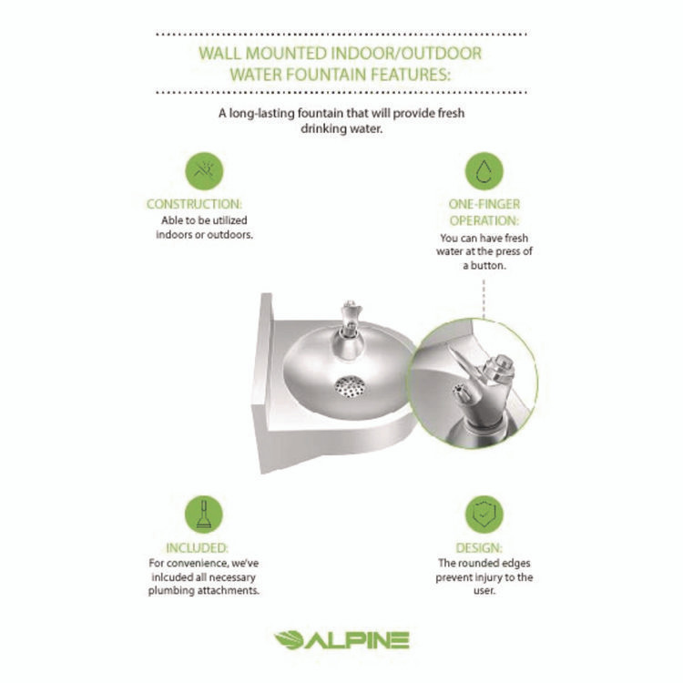 ALPINE INDUSTRIES ALP70001 Wall-Mounted Indoor/Outdoor Water Fountain, Single-Level, Non-Filtered, Non-Refrigerated, Silver