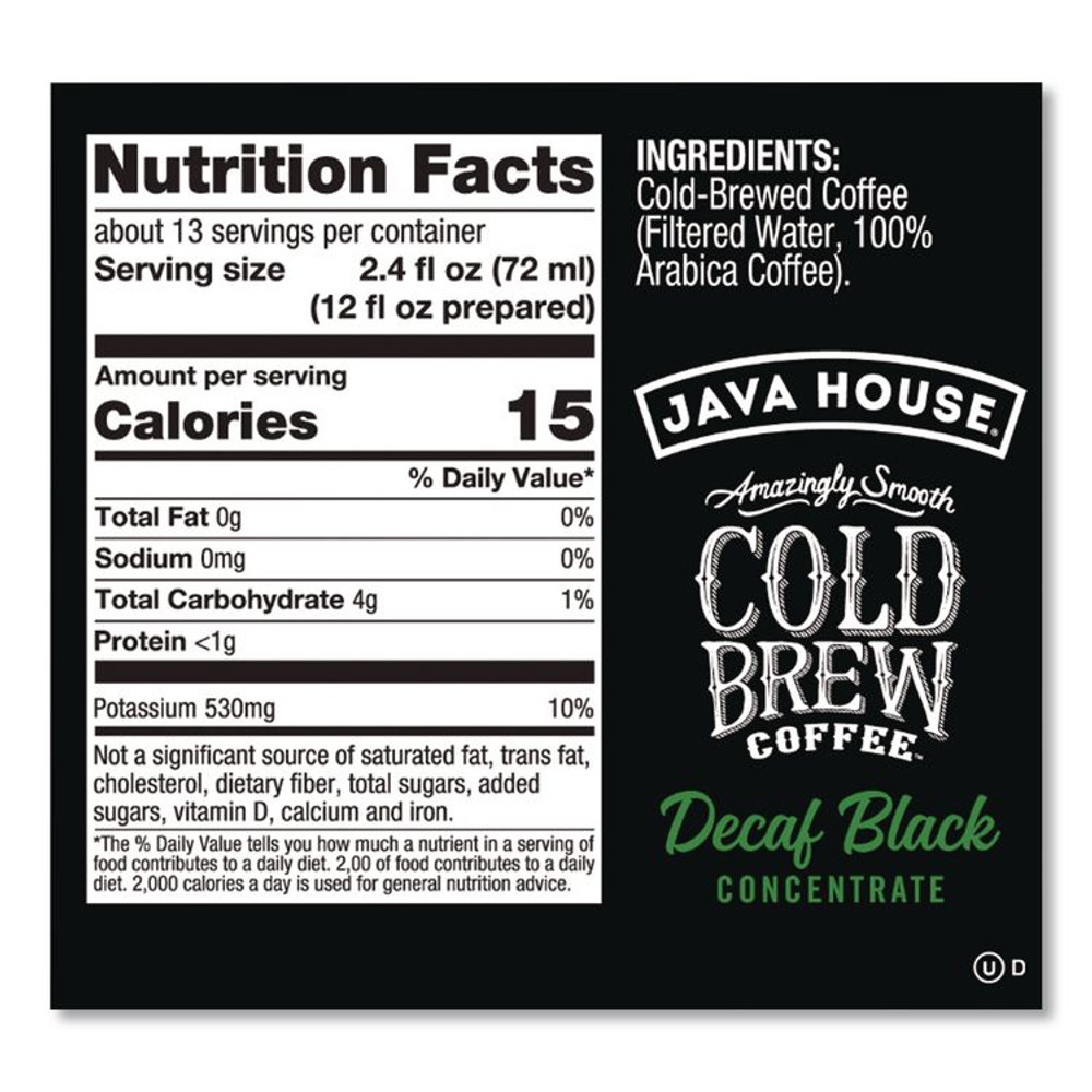 JAVA HOUSE HFP01809 Cold Brew Coffee Concentrate, Decaf Black, 32 oz Bottle