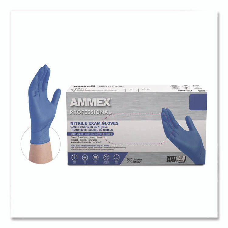 AMMEX CORPORATION Professional ACNPF46100 Nitrile Exam Gloves, Powder-Free, Large, 3 mil Thick, 9.5" Long, Blue, 100/Box, 10 Boxes/Carton