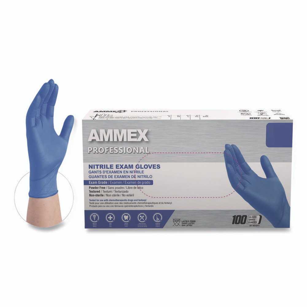 AMMEX CORPORATION Professional ACNPF48100 Nitrile Exam Gloves, Powder-Free, X-Large, 3 mil Thick, 9.5" Long, Blue, 100/Box, 10 Boxes/Carton