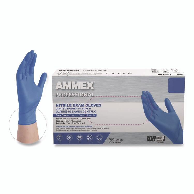 AMMEX CORPORATION Professional ACNPF48100 Nitrile Exam Gloves, Powder-Free, X-Large, 3 mil Thick, 9.5" Long, Blue, 100/Box, 10 Boxes/Carton