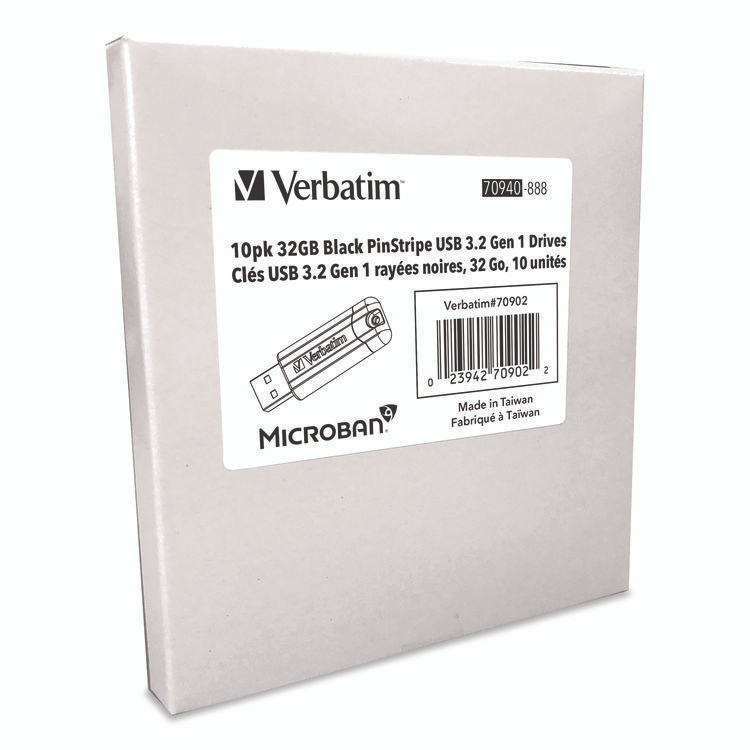 VERBATIM CORPORATION 70902 Pinstripe USB 3.2 Flash Drive, 32 GB, Black 10/Pack