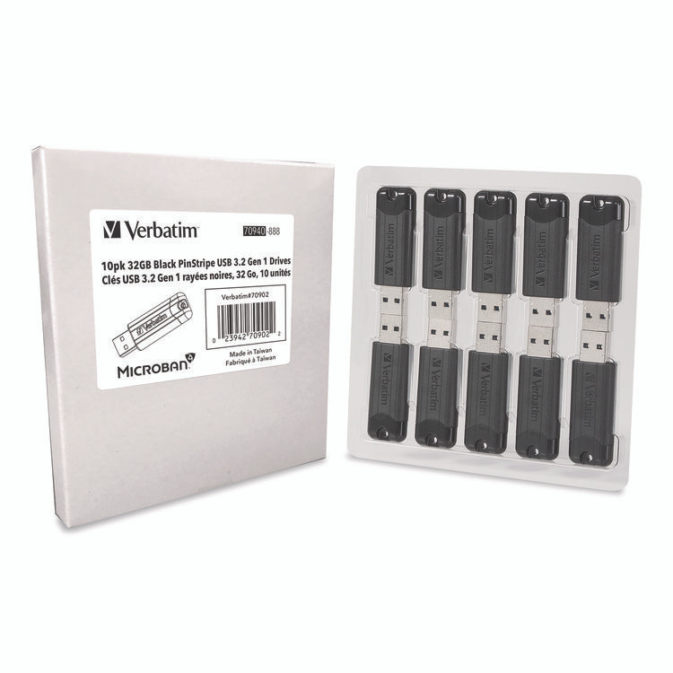 VERBATIM CORPORATION 70902 Pinstripe USB 3.2 Flash Drive, 32 GB, Black 10/Pack