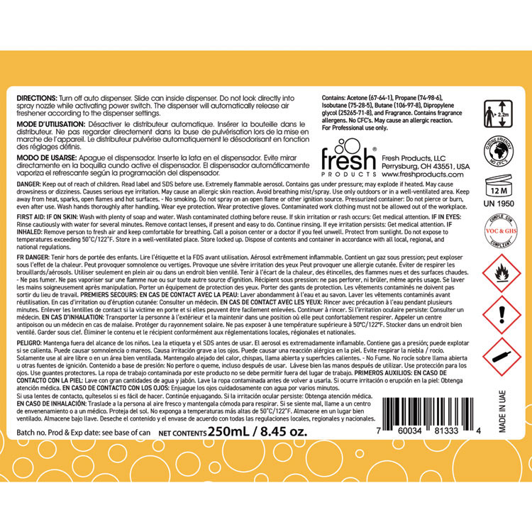 FRESH PRODUCTS MA12CS Fusion Metered Aerosols, Citrus Sorbet, 8.45 oz, 12/Carton