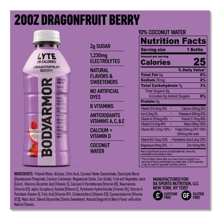 COCA-COLA BodyArmor 411891 LYTE Sports Drink, Dragonfruit Berry, 16 oz Bottle, 12/Pack