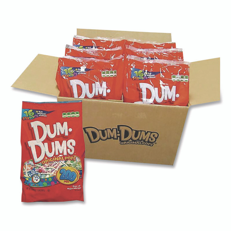 SPANGLER CANDY COMPANY 711 Dum-Dum-Pops, Assorted Flavors, Individually Wrapped, 2 lb Bag, 200 Pieces/Bag, 6 Bags/Carton