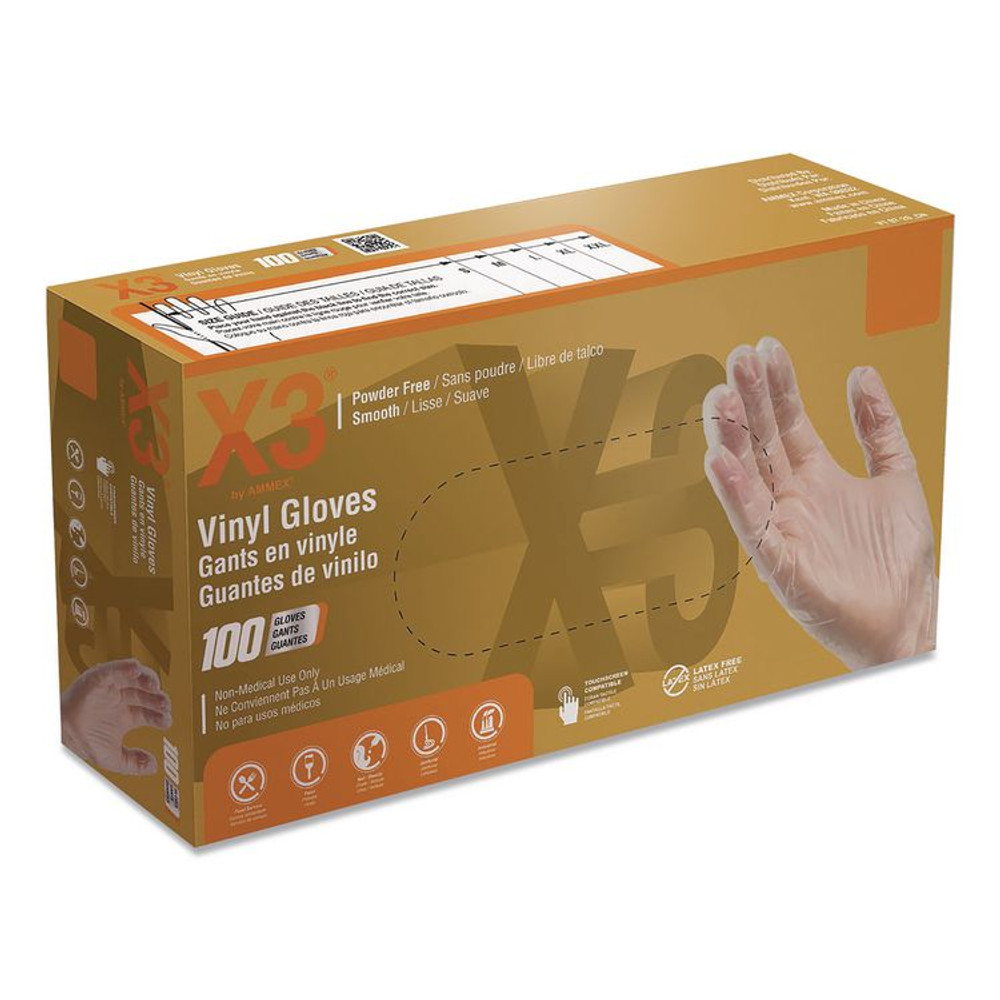 AMMEX CORPORATION X3® by GPX348100 Industrial Vinyl Gloves, Powder-Free, X-Large, 3 mil Thick, 9.5" Long, Clear, 100/Box