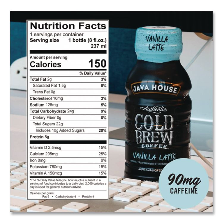 JAVA HOUSE HFP01785 Cold Brew Coffee, Vanilla Latte, 8 oz Bottle, 24/Carton