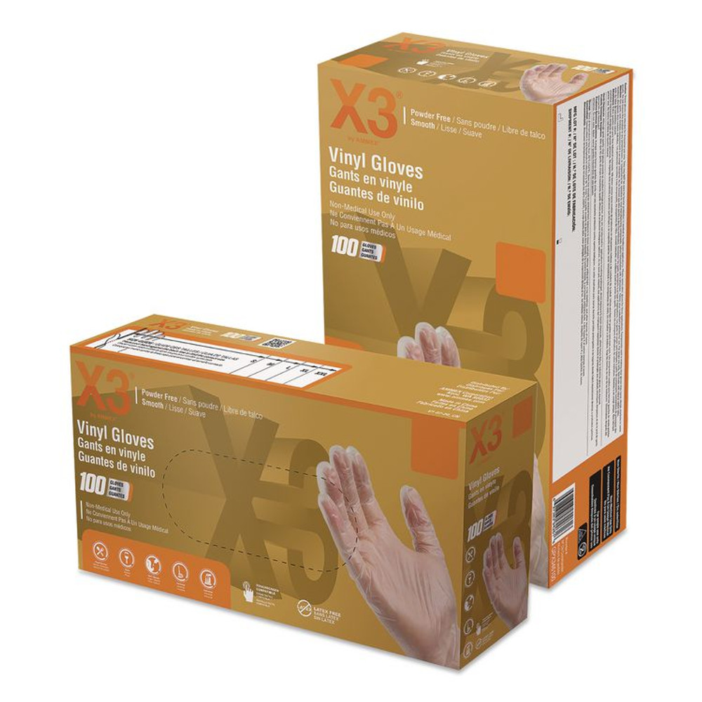 AMMEX CORPORATION X3® by GPX346100 Industrial Vinyl Gloves, Powder-Free, Large, 3 mil Thick, 9.5" Long, Clear, 100/Box