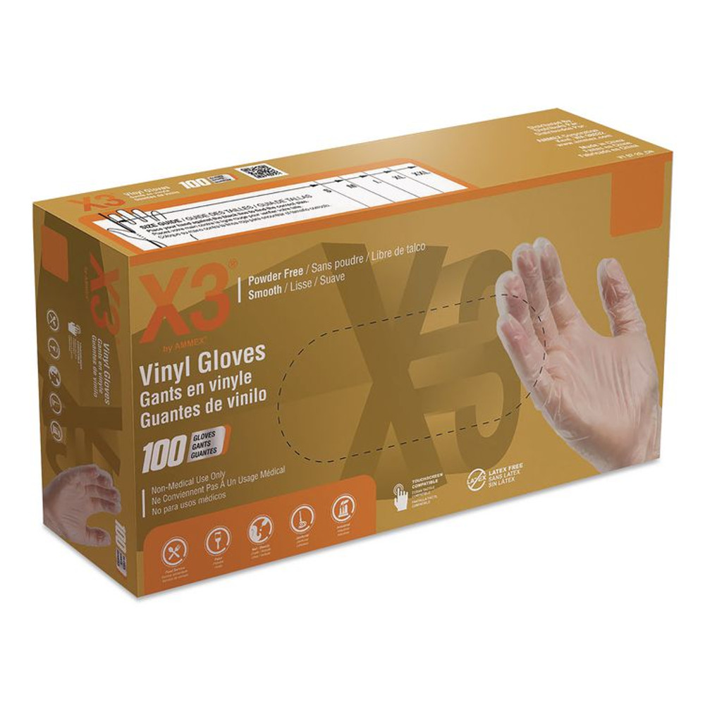 AMMEX CORPORATION X3® by GPX346100 Industrial Vinyl Gloves, Powder-Free, Large, 3 mil Thick, 9.5" Long, Clear, 100/Box