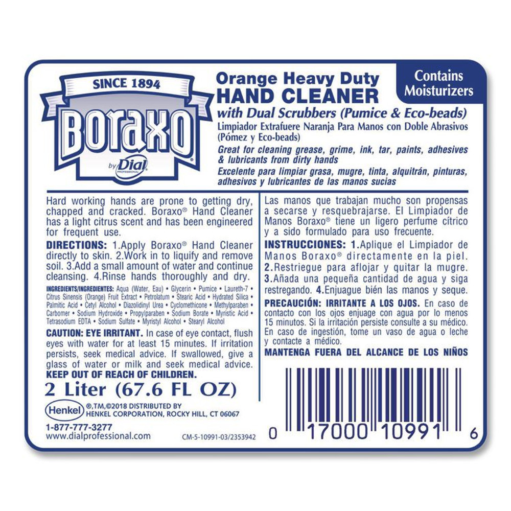 DIAL PROFESSIONAL Boraxo® 10991 Orange Heavy Duty Hand Cleaner Refill, Citrus Scent, 2 L