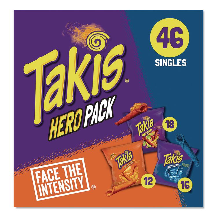 GRUPO BIMBO Takis® BAR04896 Hero Pack Tortilla Chips, Blue Heat/Fuego/Intense Nacho, 1 oz Bag, 46/Carton