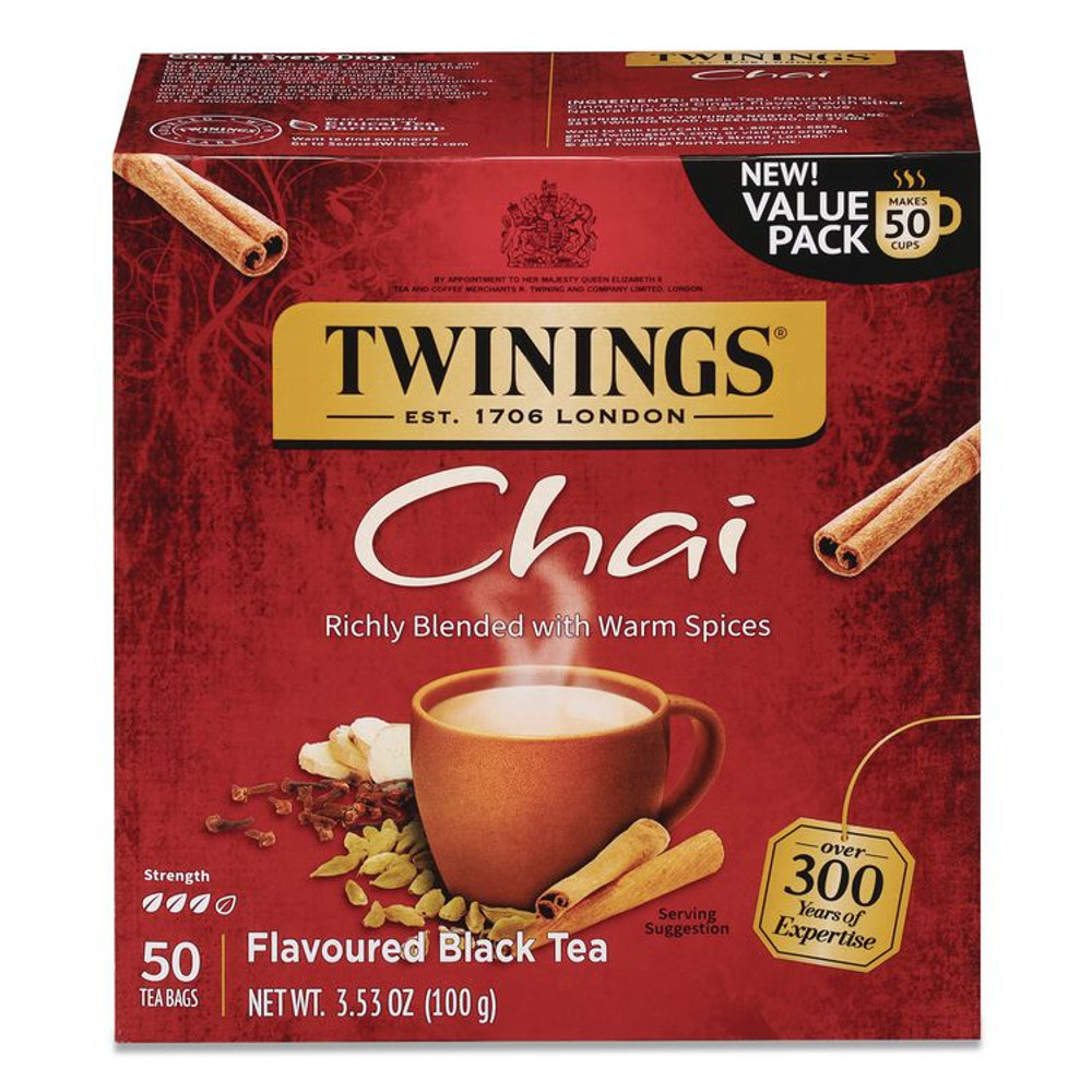 TWININGS NORTH AMERICA INC TNA55503 Tea Bags, Chai Black Tea, 0.07 oz Tea Bag, 50/Box