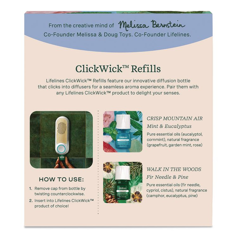 LIFELINES 110455 ClickWick Essential Oil Replacements, Crisp Mountain Air, Walk in the Woods, 0.25 oz, 2/Pack