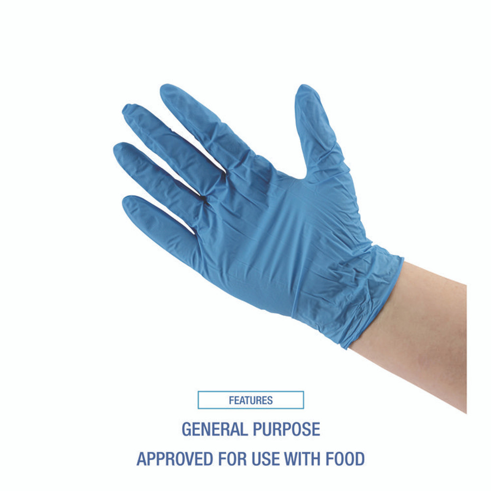 BOARDWALK 370LCT Blue Disposable Nitrile Gloves, 380 Series, Powder-Free, Large, 4 mil Thick, 9.5" Long, Blue, 100/Box, 10 Boxes/Carton