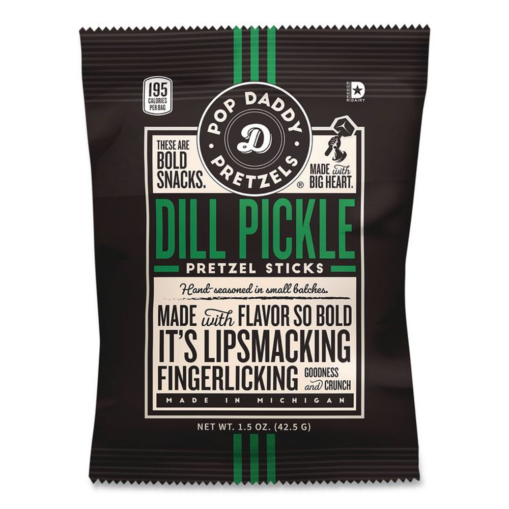 POP DADDY SNACKS OPD38153 Pretzel Sticks Variety Pack, 12 Each: Cinnamon Sugar; Dill Pickle; Garlic Parmesan; Yellow Mustard, 1.5 oz Bag, 48/Carton