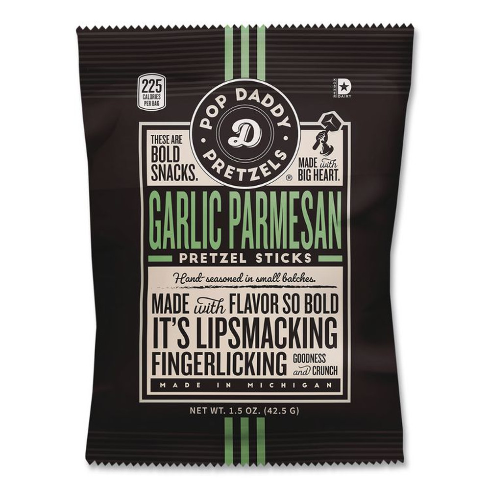 POP DADDY SNACKS OPD38153 Pretzel Sticks Variety Pack, 12 Each: Cinnamon Sugar; Dill Pickle; Garlic Parmesan; Yellow Mustard, 1.5 oz Bag, 48/Carton