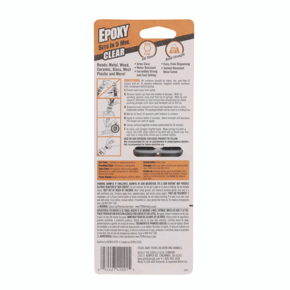 GORILLA GLUE COMPANY 4200101 Epoxy, 0.85 oz, Dries Clear