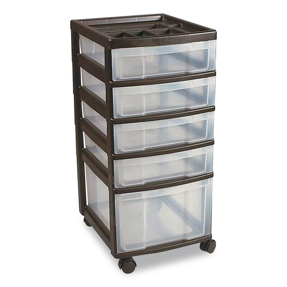 IRIS USA, INC 270015116865 Five-Drawer Rolling Cart with Organizer Top, Plastic, 12.13 x 14.38 x 26.38, Clear/Black