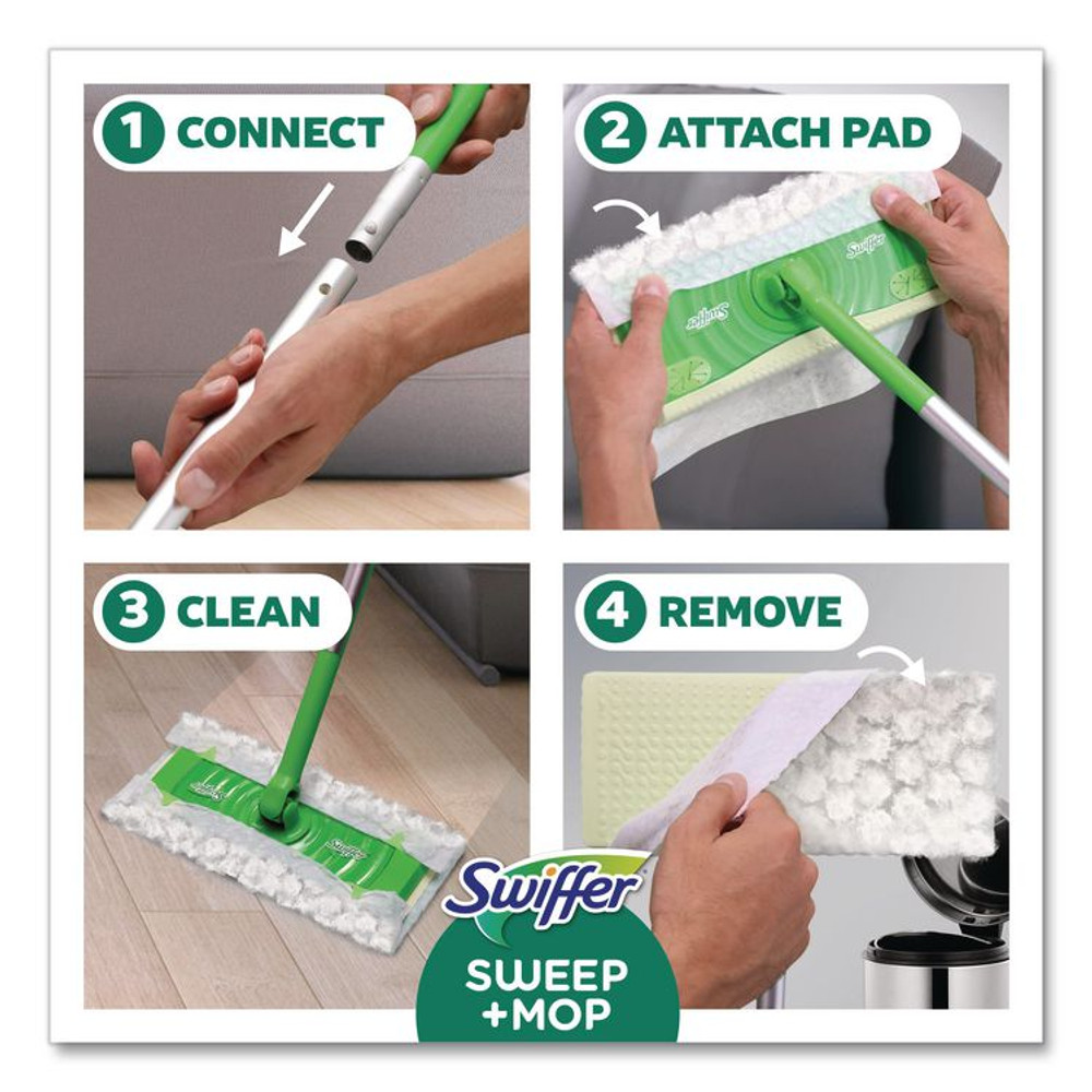 PROCTER & GAMBLE Swiffer® 16516CT Sweep and Mop 2-in-1 Dry + Wet Floor Mopping and Sweeping Kit, 12.4 x 2.95 Mop Head, Silver Plastic Handle, 6/Carton