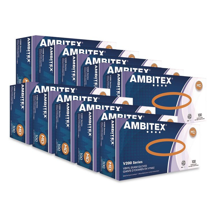 TRADEX INTERNATIONAL AMBITEX® VMD200CT V200 Series Powder-Free Vinyl Exam Gloves, Medium, 4 mil Thick, 9" Long, Clear, 100/Box, 10 Boxes/Carton