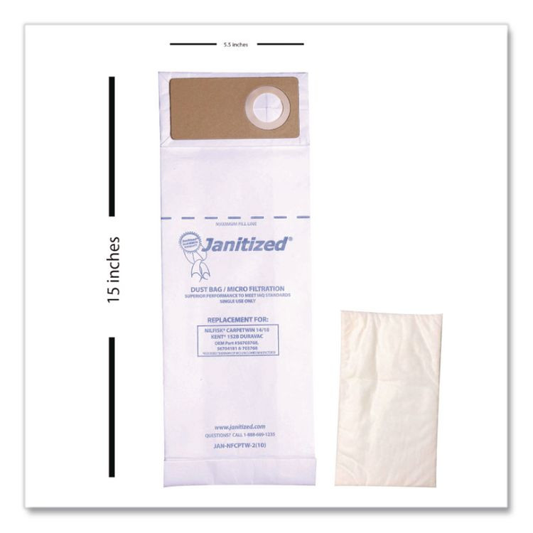 APC FILTRATION INC Janitized® JAN-NFCPTW-2 Vacuum Bags, Designed to Fit Nilfisk Advance CarpeTwin Upright 14/18, Advac and Kent 152B, DuraVac, 10/Pack, 10 Packs/Carton