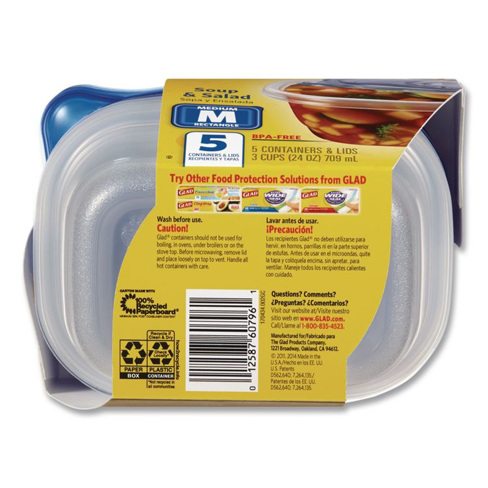 CLOROX SALES CO. Glad® 60796PK Soup and Salad Containers, Medium Rectangle, 24 oz, 6.49 x 4.86 x 2.98, Clear/Bue, Plastic, 5/Pack