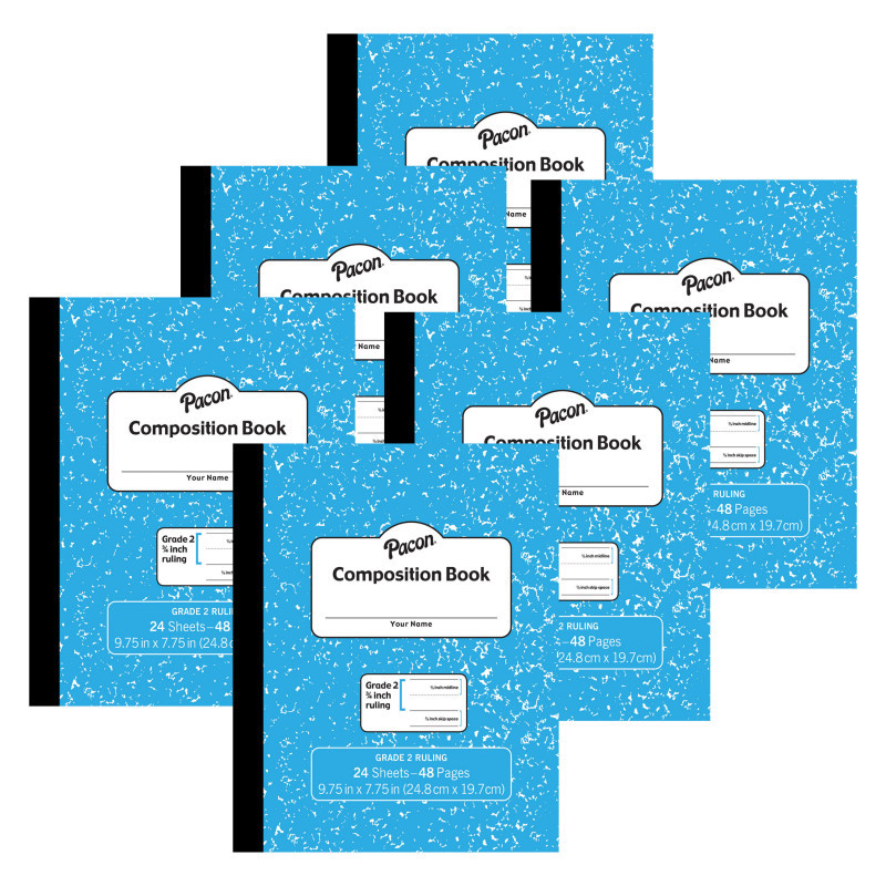 DIXON TICONDEROGA CO Pacon® Composition Book, Grade 2, Blue Marble, 3/4" x 3/8" x 3/8" Ruled, 9-3/4" x 7-3/4", 24 Sheets, Pack of 6