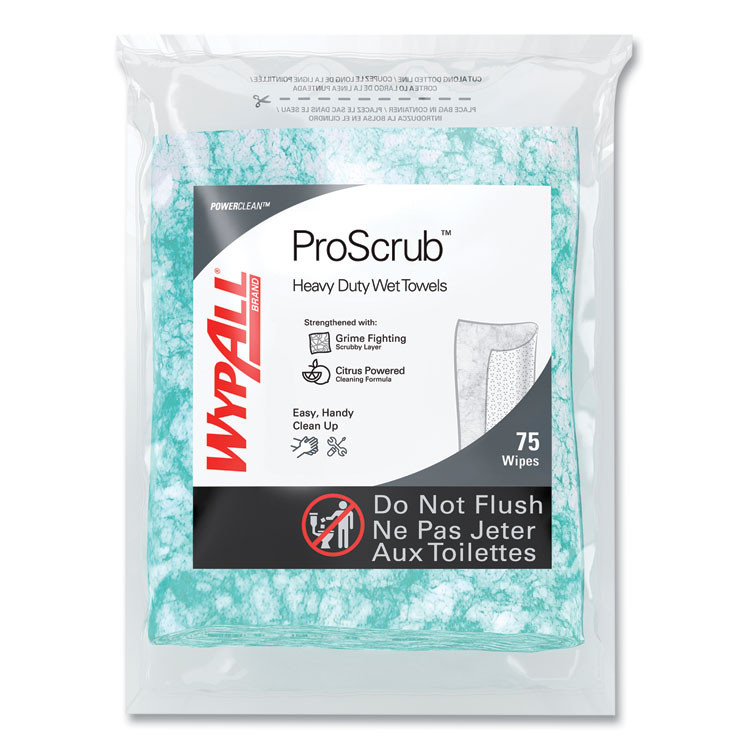 KIMBERLY-CLARK PROFESSIONAL WypAll® 91367CT Power Clean ProScrub Pre-Saturated Wipes, 12 x 9.5, Citrus Scent, Green, 75/Pack, 6 Packs/Carton
