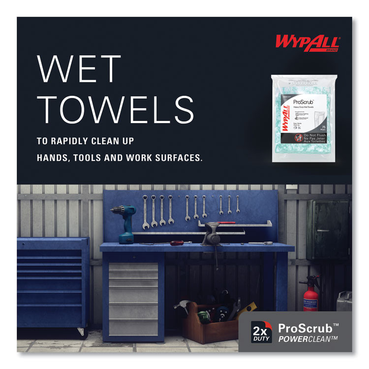 KIMBERLY-CLARK PROFESSIONAL WypAll® 91367CT Power Clean ProScrub Pre-Saturated Wipes, 12 x 9.5, Citrus Scent, Green, 75/Pack, 6 Packs/Carton