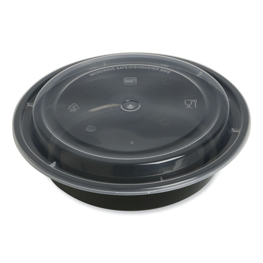 GEN TORND24 Microwavable Food Container with Lid, Round, 24 oz, 7.28 x 7.28 x 1.96, Black/Clear, Plastic, 150/Carton
