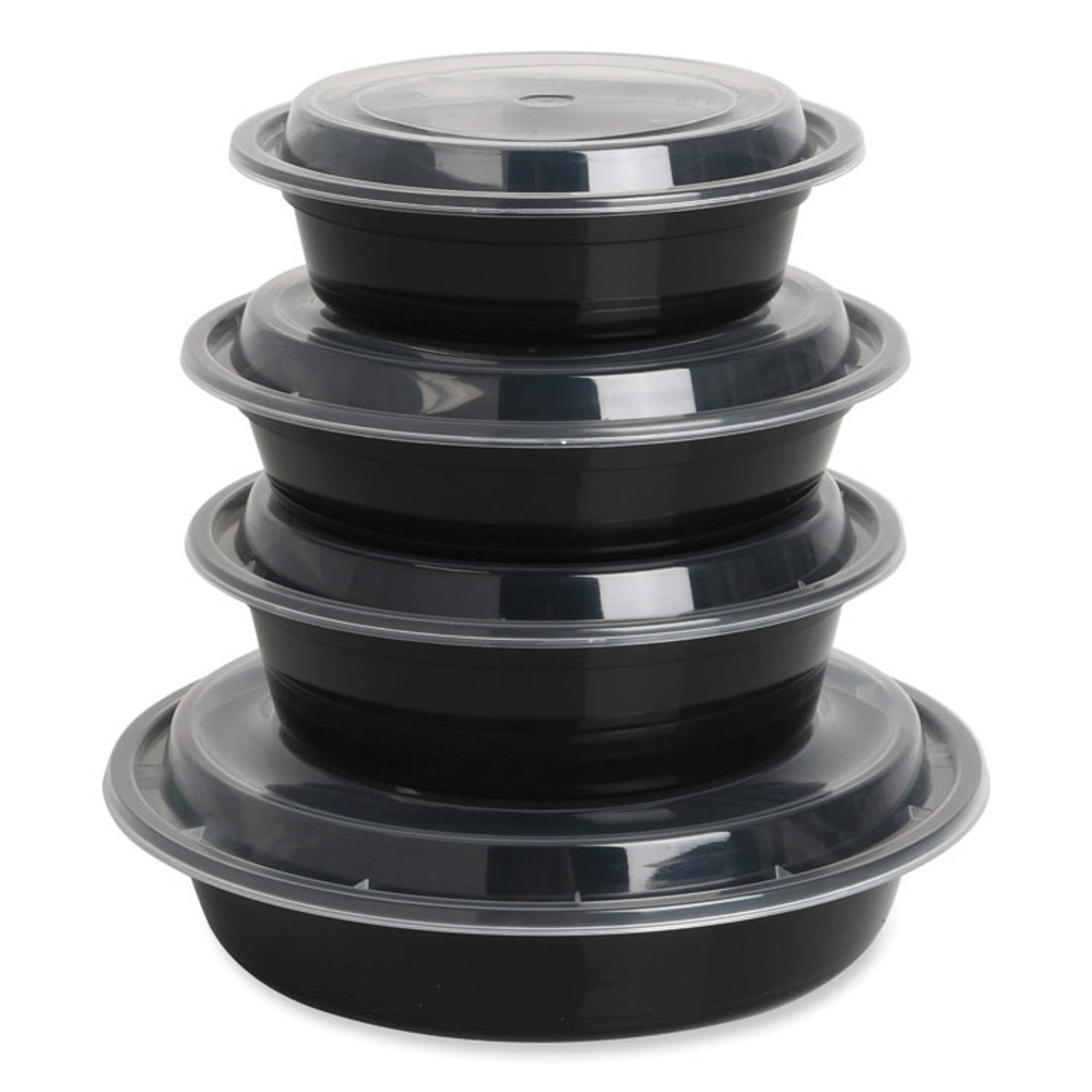 GEN TORND24 Microwavable Food Container with Lid, Round, 24 oz, 7.28 x 7.28 x 1.96, Black/Clear, Plastic, 150/Carton
