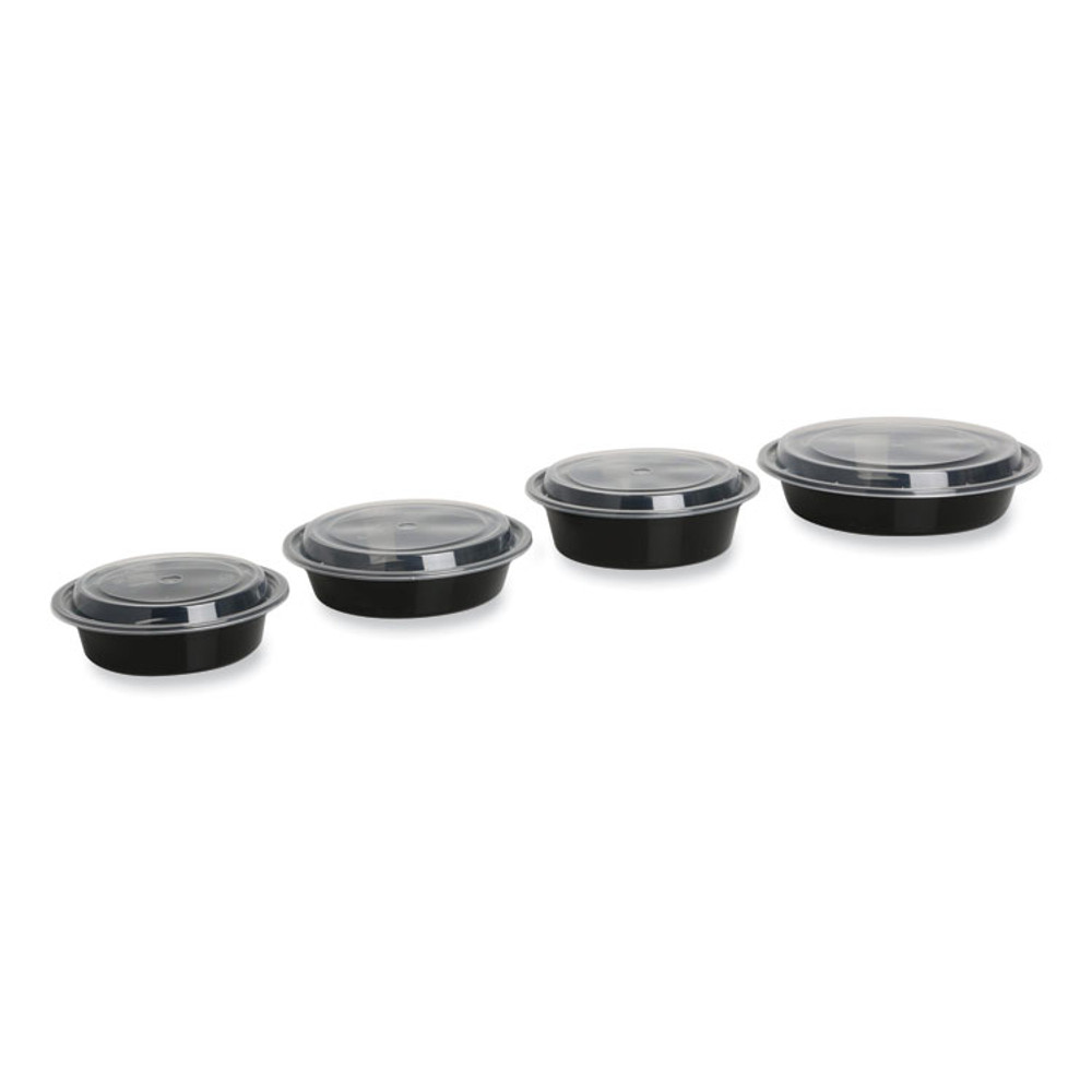 GEN TORND24 Microwavable Food Container with Lid, Round, 24 oz, 7.28 x 7.28 x 1.96, Black/Clear, Plastic, 150/Carton
