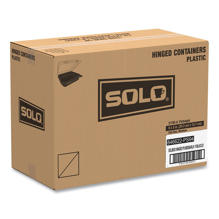 DART SOLO® 846622-PS94 Creative Carryouts Hinged Plastic Hot Deli Boxes, 28 oz, 7.87 x 5.4 x 3, Black/Clear, 200/Carton