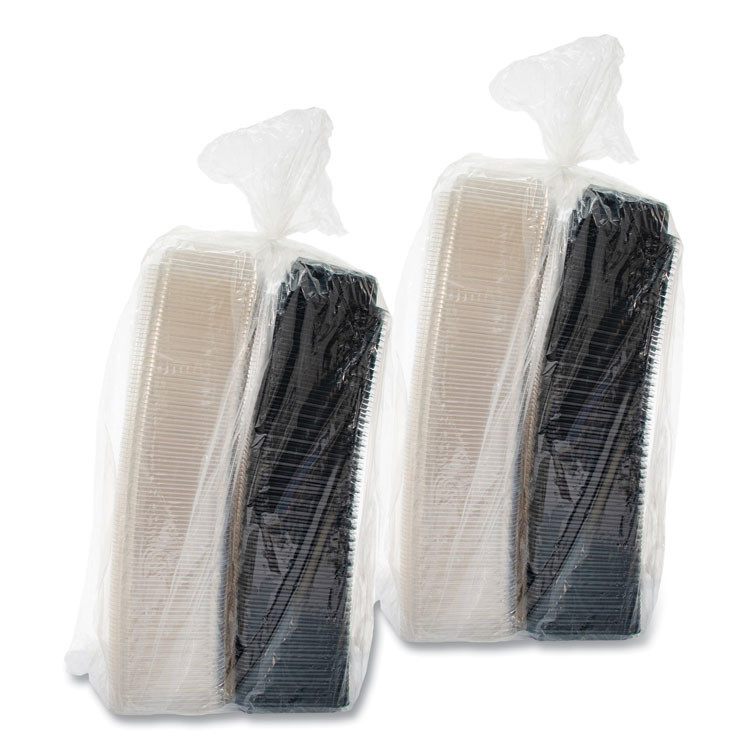 DART SOLO® 846622-PS94 Creative Carryouts Hinged Plastic Hot Deli Boxes, 28 oz, 7.87 x 5.4 x 3, Black/Clear, 200/Carton