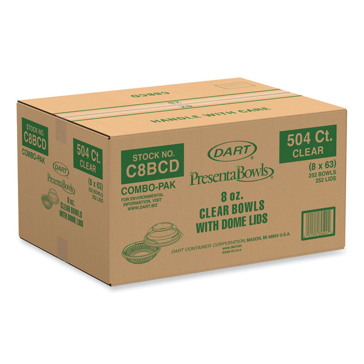 DART C8BCD PresentaBowls Bowl/Lid Combo-Paks, 8 oz, Clear, Plastic, 63/Pack, 4 Packs/Carton