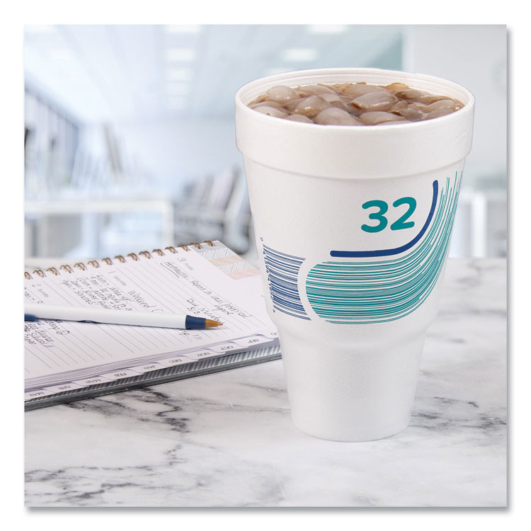 DART 32AJ32B Breeze Hot/Cold Insulated Foam Drinking Cups, Squat Pedestal Cup, 32 oz, Teal/White/Blue, 500/Carton