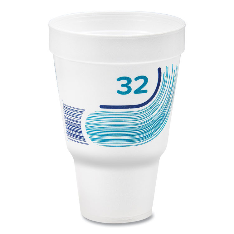 DART 32AJ32B Breeze Hot/Cold Insulated Foam Drinking Cups, Squat Pedestal Cup, 32 oz, Teal/White/Blue, 500/Carton