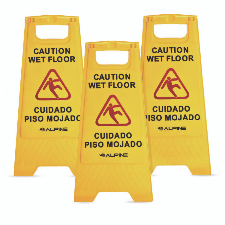 ALPINE INDUSTRIES ALP4993 Bilingual Caution Wet Floor Sign, 11.8 x 0.7 x 24.6, Yellow, 3/Carton
