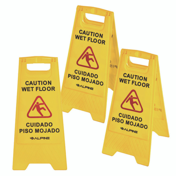 ALPINE INDUSTRIES ALP4993 Bilingual Caution Wet Floor Sign, 11.8 x 0.7 x 24.6, Yellow, 3/Carton
