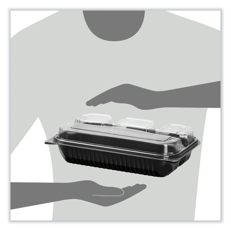 DART SOLO® 919020-PM94 Creative Carryouts Hinged Plastic Hot Deli Boxes, 4 Compartments, 8.05 x 11.5 x 2.95, Black/Clear, 100/Carton