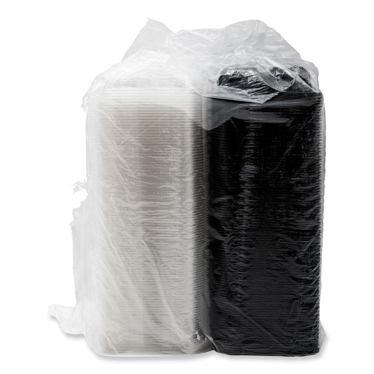 DART SOLO® 919020-PM94 Creative Carryouts Hinged Plastic Hot Deli Boxes, 4 Compartments, 8.05 x 11.5 x 2.95, Black/Clear, 100/Carton