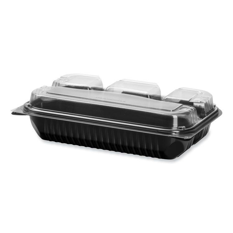 DART SOLO® 919020-PM94 Creative Carryouts Hinged Plastic Hot Deli Boxes, 4 Compartments, 8.05 x 11.5 x 2.95, Black/Clear, 100/Carton