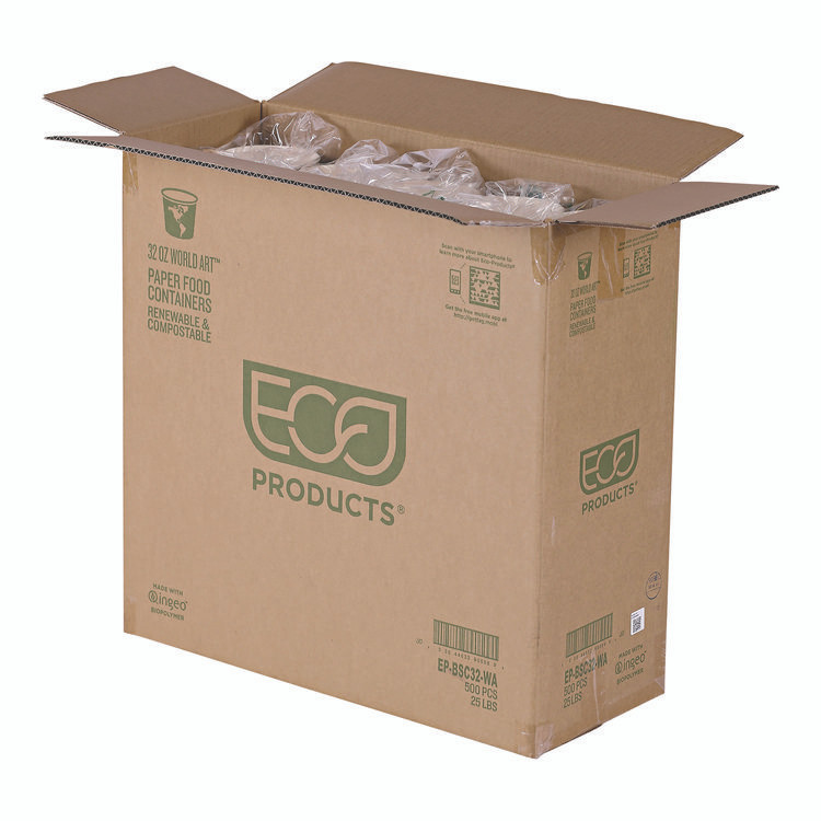 ECO-PRODUCTS,INC. EP-BSC32-WA World Art Renewable and Compostable Food Container, 32 oz, 4.05" Diameter x 5.8" h, Tan, Paper, 25/Pack, 20 Packs/Carton