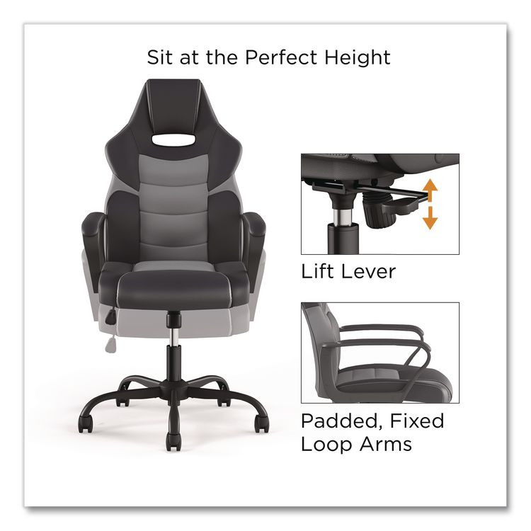 EMERGE 61108 Vector Luxura Faux Leather Gaming Chair, Supports Up to 275 lbs, Black/Gray Seat, Black/Gray Back, Black Base