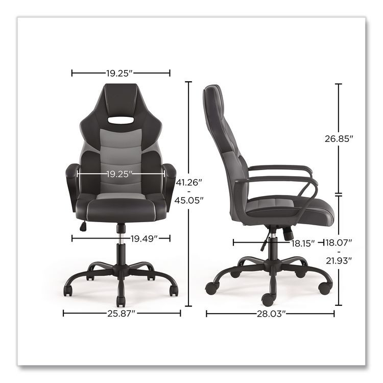 EMERGE 61108 Vector Luxura Faux Leather Gaming Chair, Supports Up to 275 lbs, Black/Gray Seat, Black/Gray Back, Black Base