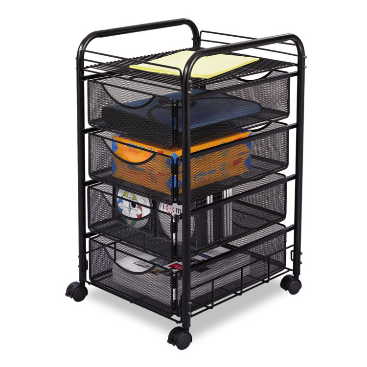SAFCO PRODUCTS 5214BL Onyx Mesh Mobile File with Four Supply Drawers, Metal, 1 Shelf, 4 Drawers, 15.75" x 17" x 27", Black